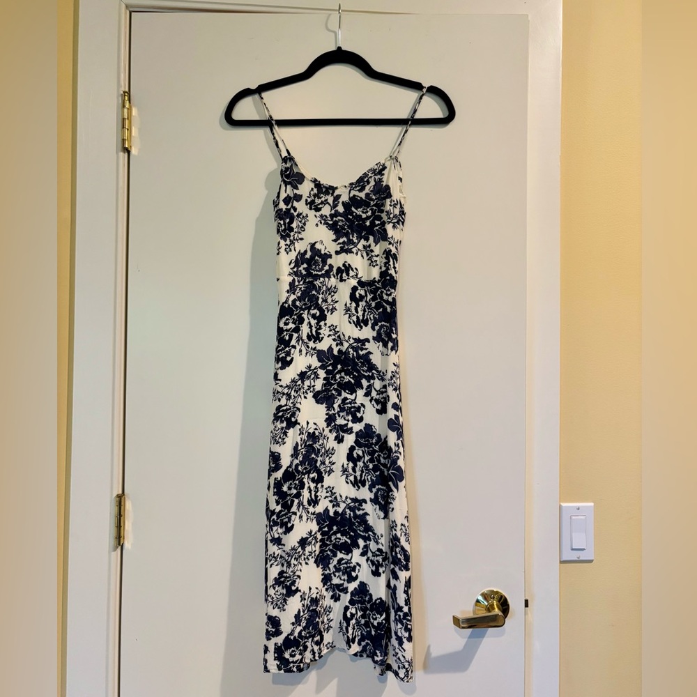 Reformation Floral Print Blue and White Spaghetti Strap Dress
